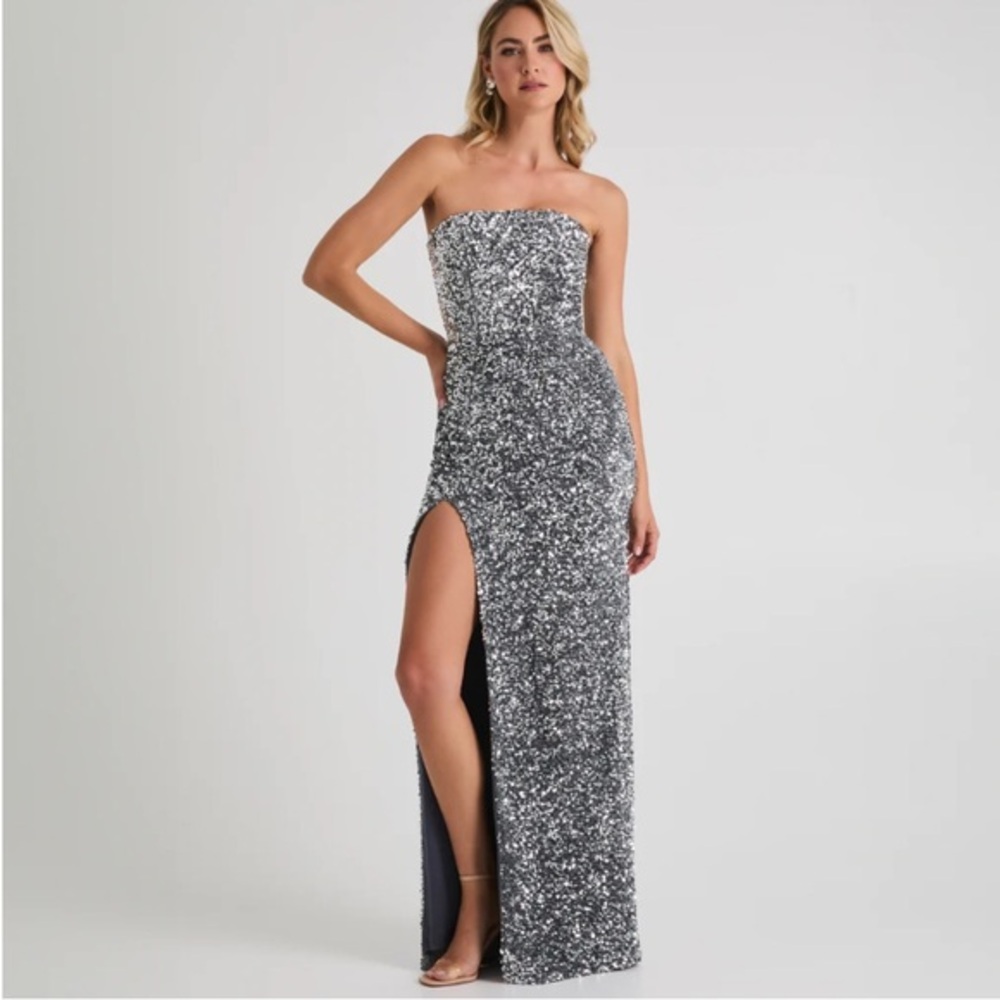 Helsi Dress Lola Strapless Column Maxi in Silver Sequins